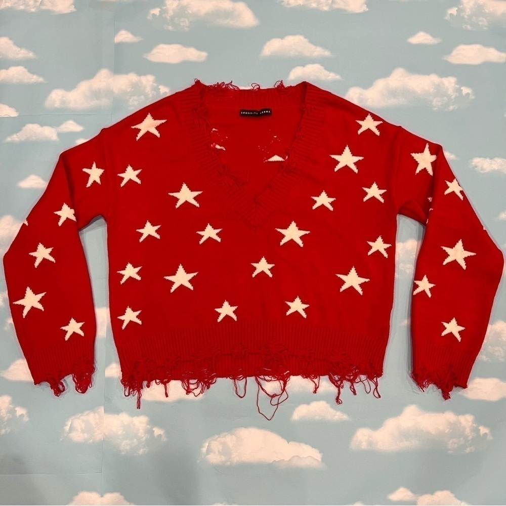 Brooklyn Karma Red Sweater, Distressed Vneck with Stars